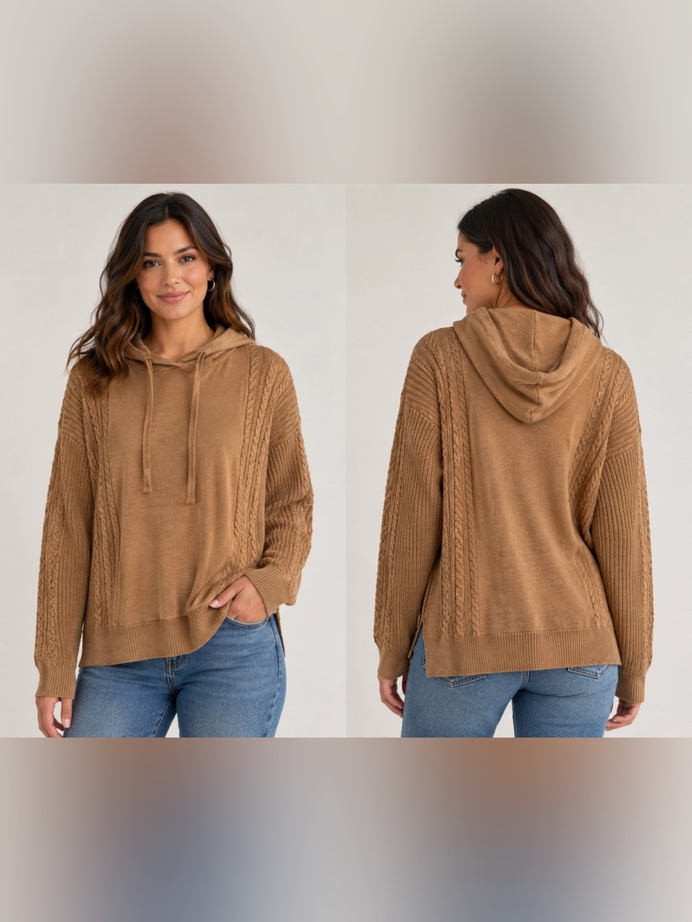 Lou & Grey Camel Tone Cable Knit Hooded Pullover Sweatshirt Tan M Medium